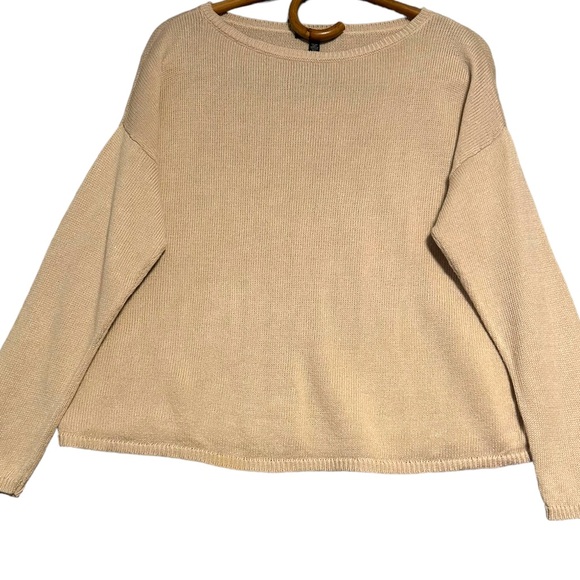 Eileen Fisher | Tan Knit Boxy‎ Fit Organic Linen Cotton Sweater Size S Oversized - Picture 3 of 11
